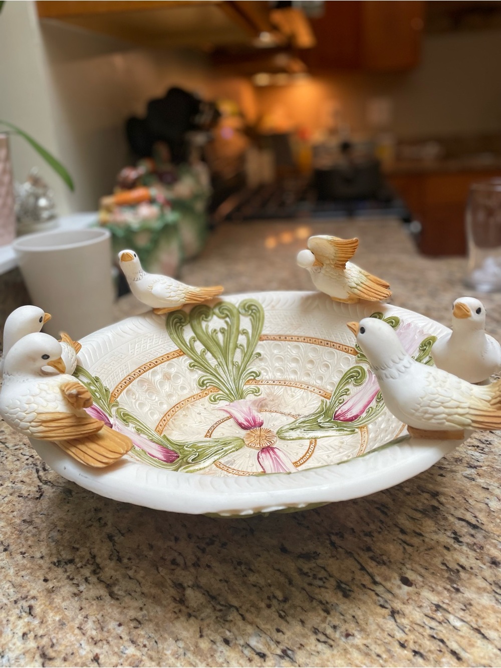 Decorative White Ceramic Bird Bowl with Green and Pink Floral Accents